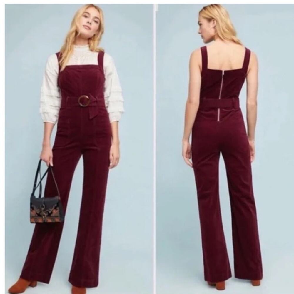 Anthropologie Burgundy Corduroy Square-Neck Jumpsuit